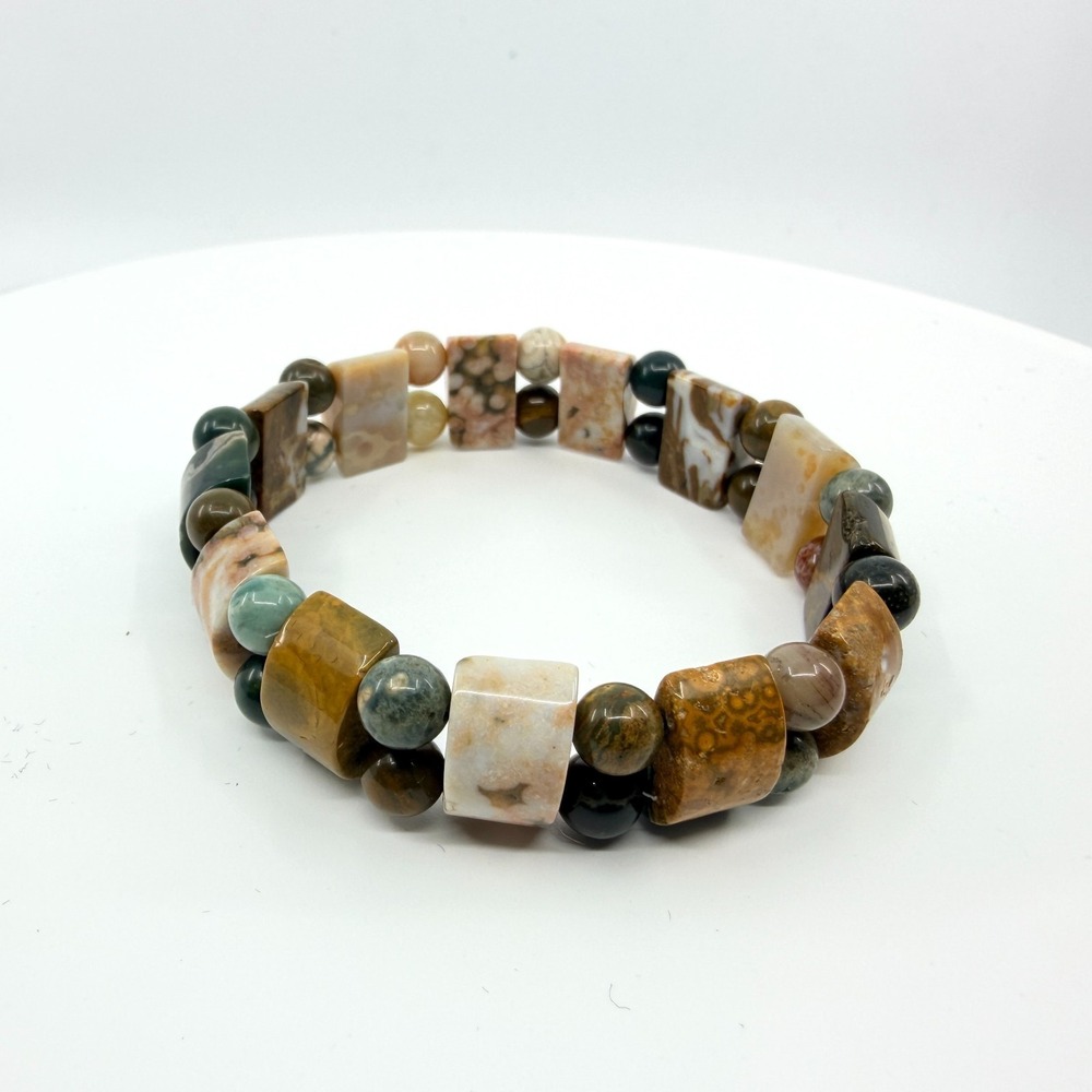 Vintage Earth Tone Beaded Bracelet Chunky Multi Row Stretch Statement Bold Y2K